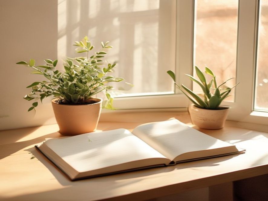 Minimalist workspace with notebook and walking tracker
